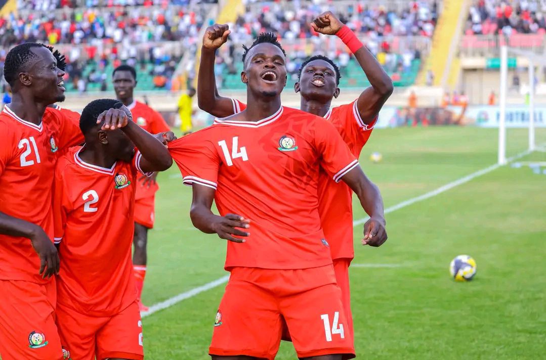 Lawrence Okoth celebrates after scoring Kenya U23's second goal against Tanzania at Nyayo Stadium