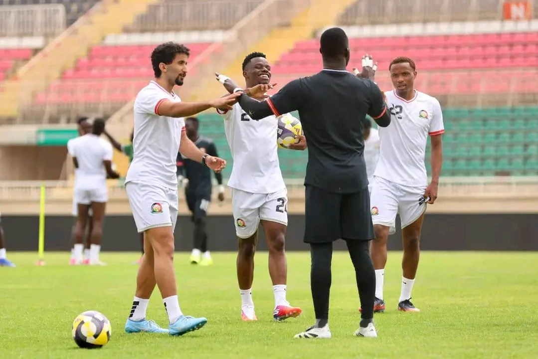 Harambee Stars players during their first training session ahead of Saturday’s 2027 AFCON qualifier against Eritrea at Nyayo National Stadium.