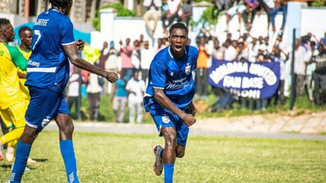 Mombasa United forward Dennis Toeri celebrates after putting his side ahead against Kariobangi Sharks in the FKF playoff first leg at Mbaraki Sports Club. Image credit: Mombasa United FC