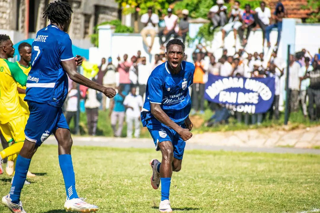Mombasa United forward Dennis Toeri celebrates after putting his side ahead against Kariobangi Sharks in the FKF playoff first leg at Mbaraki Sports Club. Image credit: Mombasa United FC