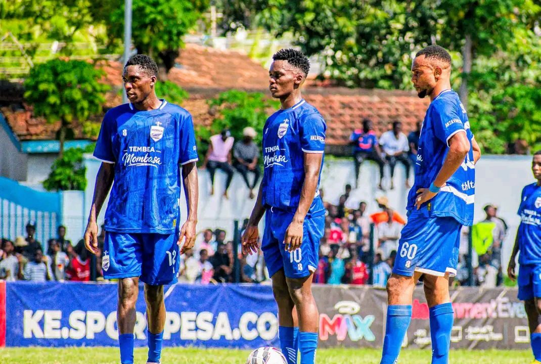 Mombasa United players during the first leg of the FKF Premier League promotion playoff against Kariobangi Sharks FC at Mbaraki Sports Club in Mombasa. Image Credit: Mombasa United FC