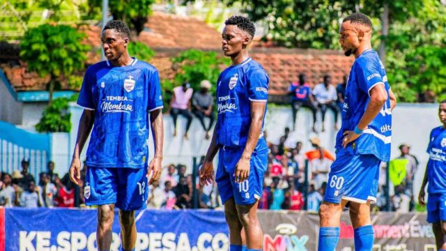 Mombasa United players during the first leg of the FKF Premier League promotion playoff against Kariobangi Sharks FC at Mbaraki Sports Club in Mombasa. Image Credit: Mombasa United FC