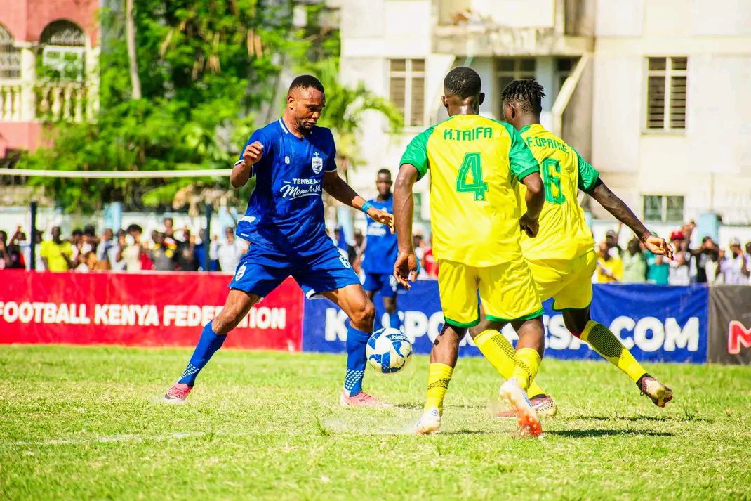Mombasa United and Kariobangi Sharks players at Mbaraki Sports Clubs in Mombasa during 1st leg of the promotion playoffs Image Credits: Mombasa United FC