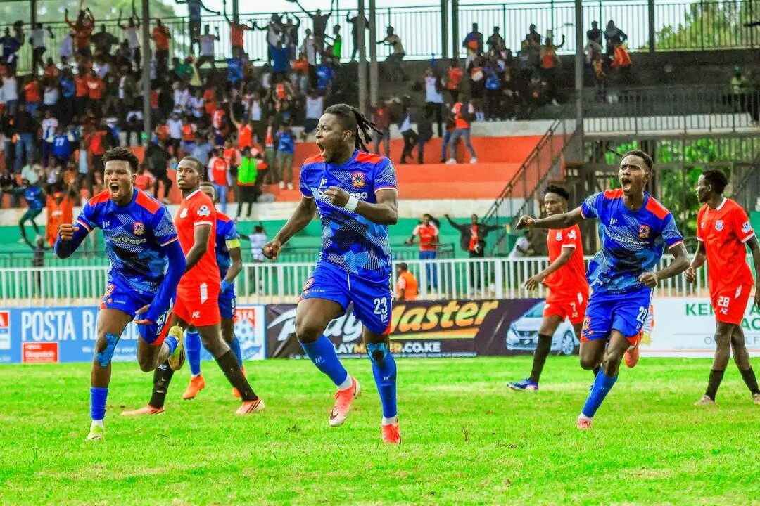 Abdul Hafiz celebrates after scoring for Shabana FC Vs Posta Rangers at Wang'uru stadium