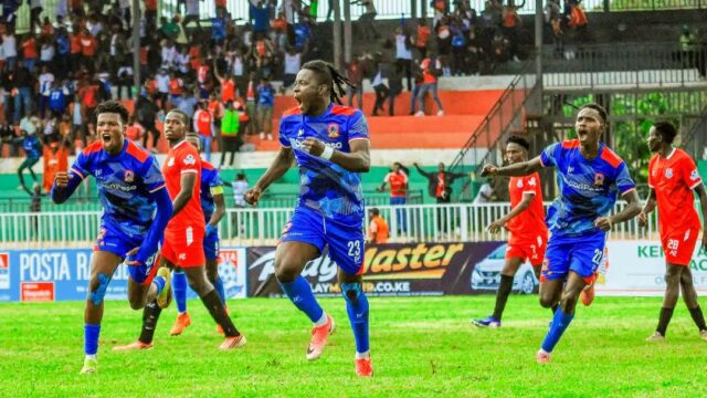 Abdul Hafiz celebrates after scoring for Shabana FC Vs Posta Rangers at Wang'uru stadium